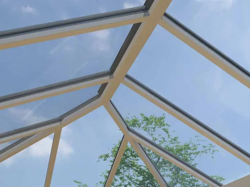 Looking up through the glazing bars of a roof lantern to the sky and treetops.